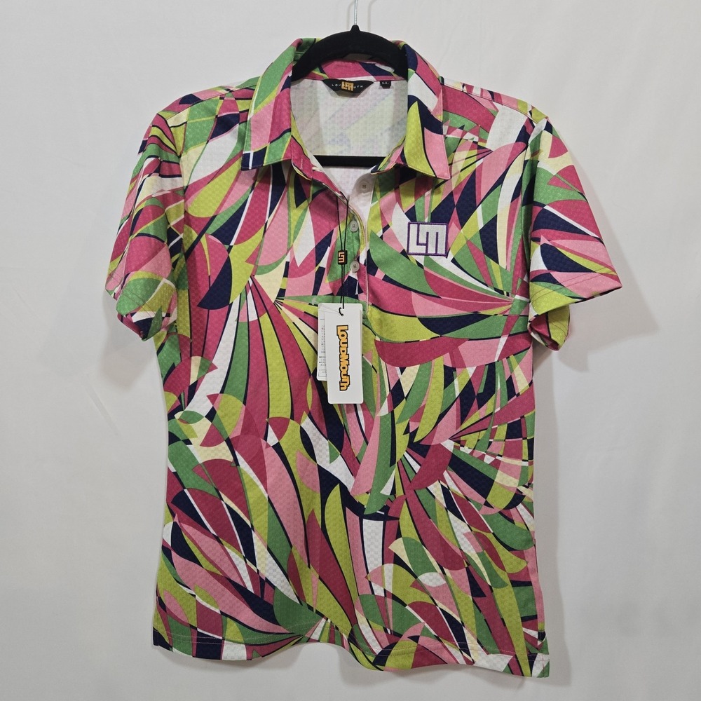 NWT Loudmouth Golf Womens Medium Polo Pink Green Geometric Performance